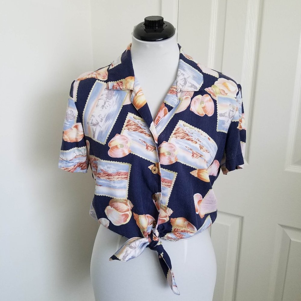 La Cabana Shell Print Tie Front Top